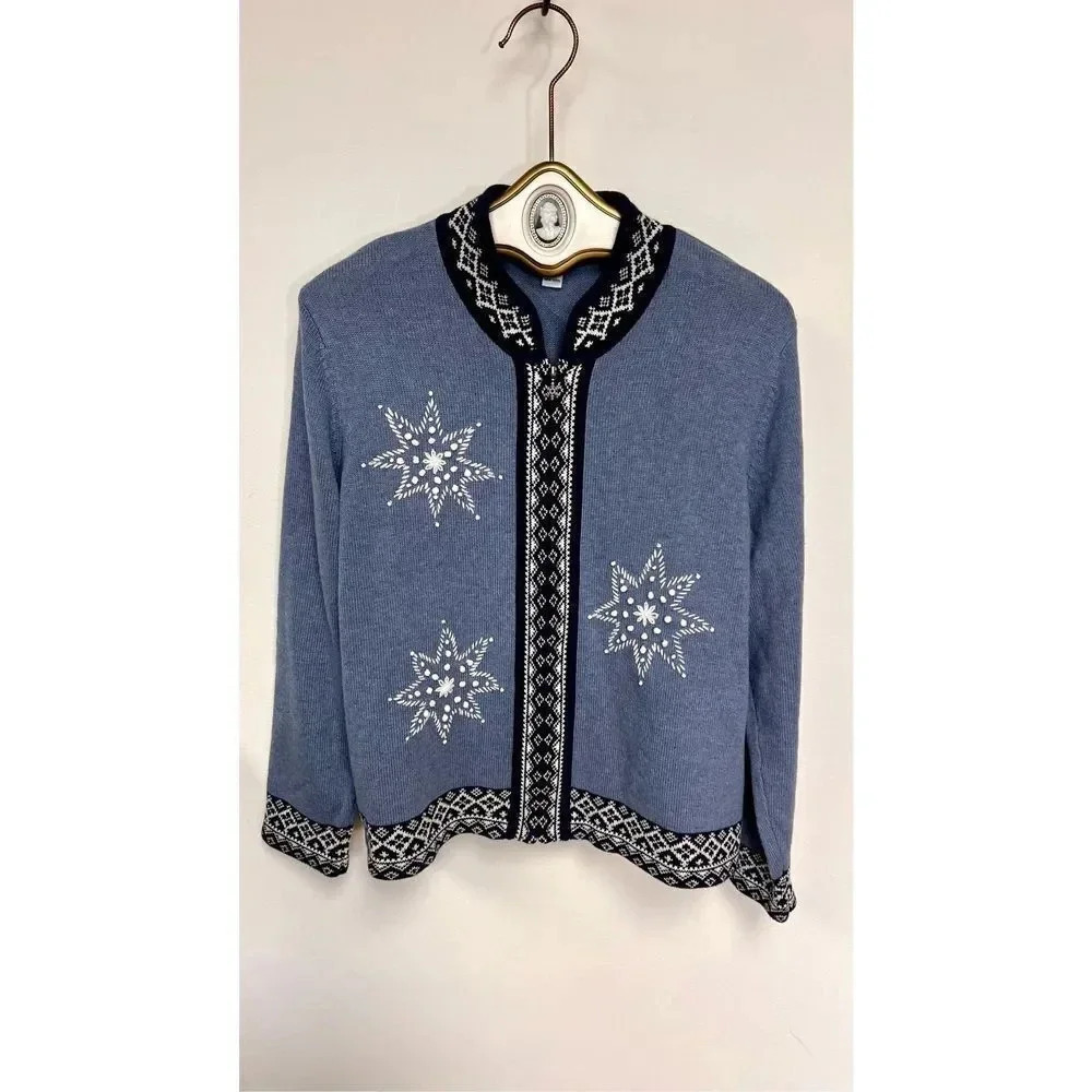 The‎ Tog Shop Women's Blue Snowflakes Full-Zip Ribbed Knit Cardigan Sweater Size